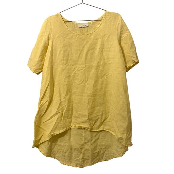 Bryn Walker Lemon Sorbet Yellow Short Sleeve Lagenlook Linen High Low Top M - Picture 1 of 7